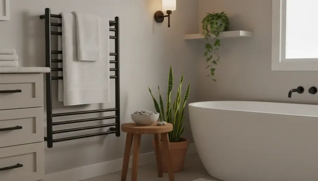Modern minimalist bathroom with white towels on black rack and potted plants near freestanding tub