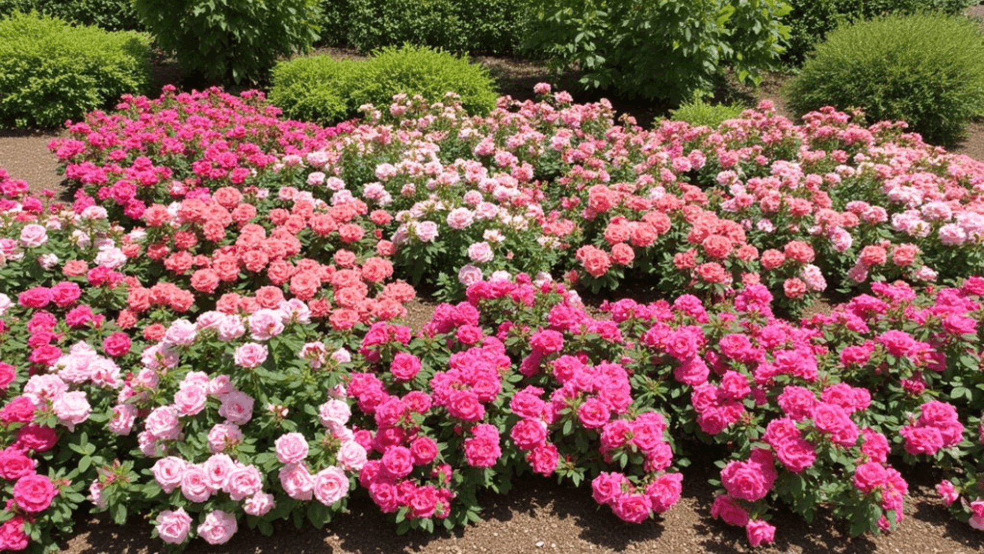 a formal garden displaying pink and blush shrub roses blooming in neat beds surrounded by trimmed hedges and green trees