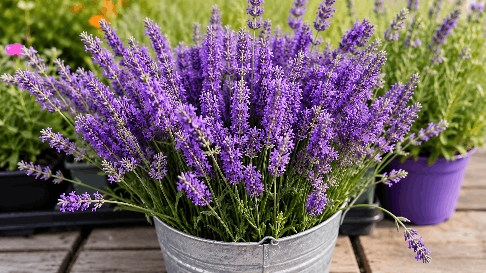 A galvanized metal bucket filled with vibrant purple lavender blooms sits on a wooden surface surrounded by lush green plants.