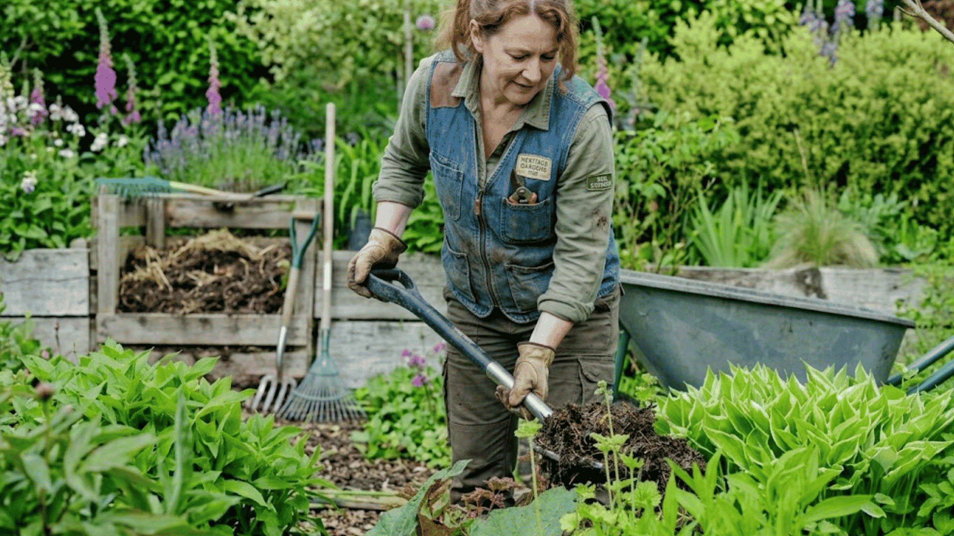 a gardener digging soil with a shovel in a lush flower garden beside a wheelbarrow while preparing a planting bed for new plants