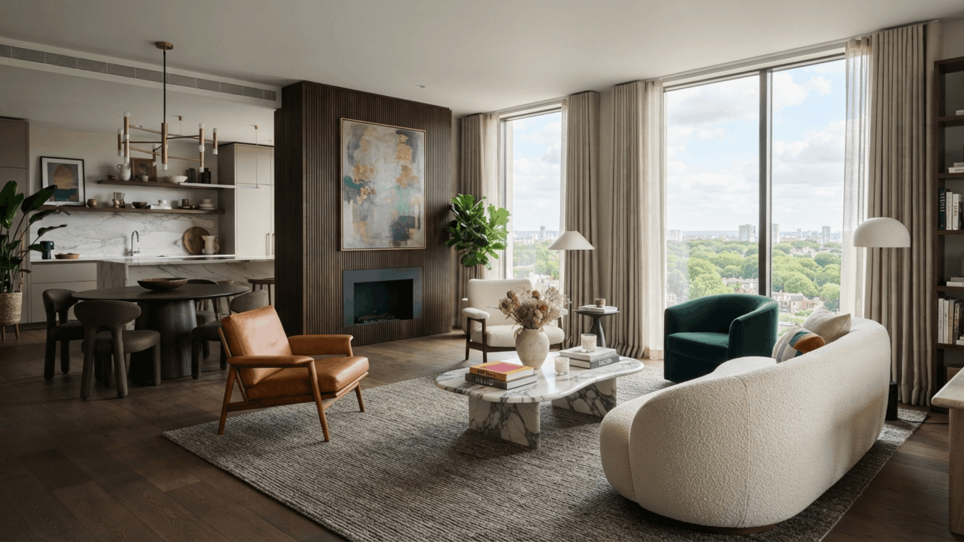a modern open plan living room with large windows stylish furniture a dining area and a city view filled with natural light