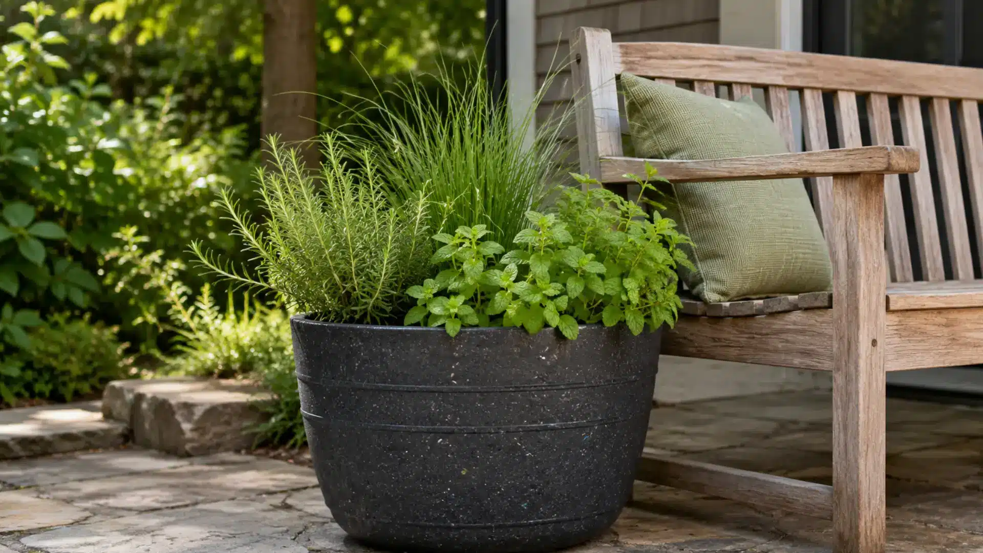 Recovered-plastic planters filled with herbs arranged on a stone patio