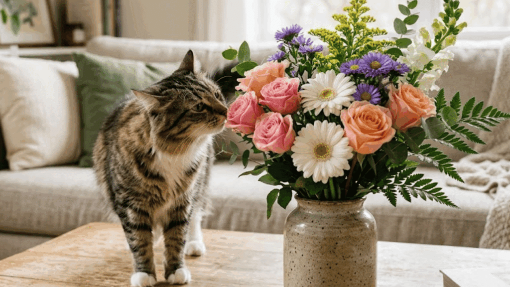 21 Beautiful Non Toxic Flowers for Cats and Pet Homes a tabby cat sniffing a colorful bouquet of fresh flowers in a ceramic vase on a wooden table inside a cozy living room
