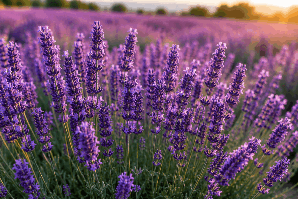 A vibrant lavender field in full bloom stretches into the distance under warm golden-hour sunlight. (1)