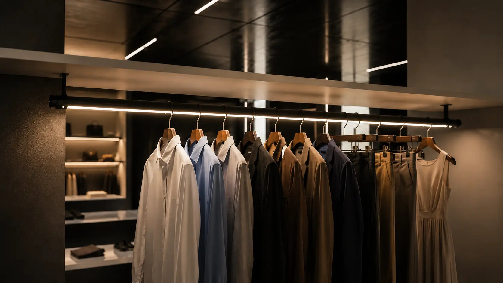 Modern walk-in closet with warm LED-lit hanging rod, organized shirts, jackets, pants, and dress in a sleek dark wood interior.
