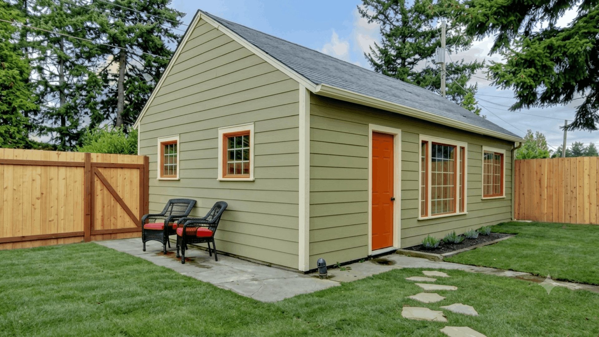 accessory dwelling unit with compact modern design built beside a main home for guest housing or rental income