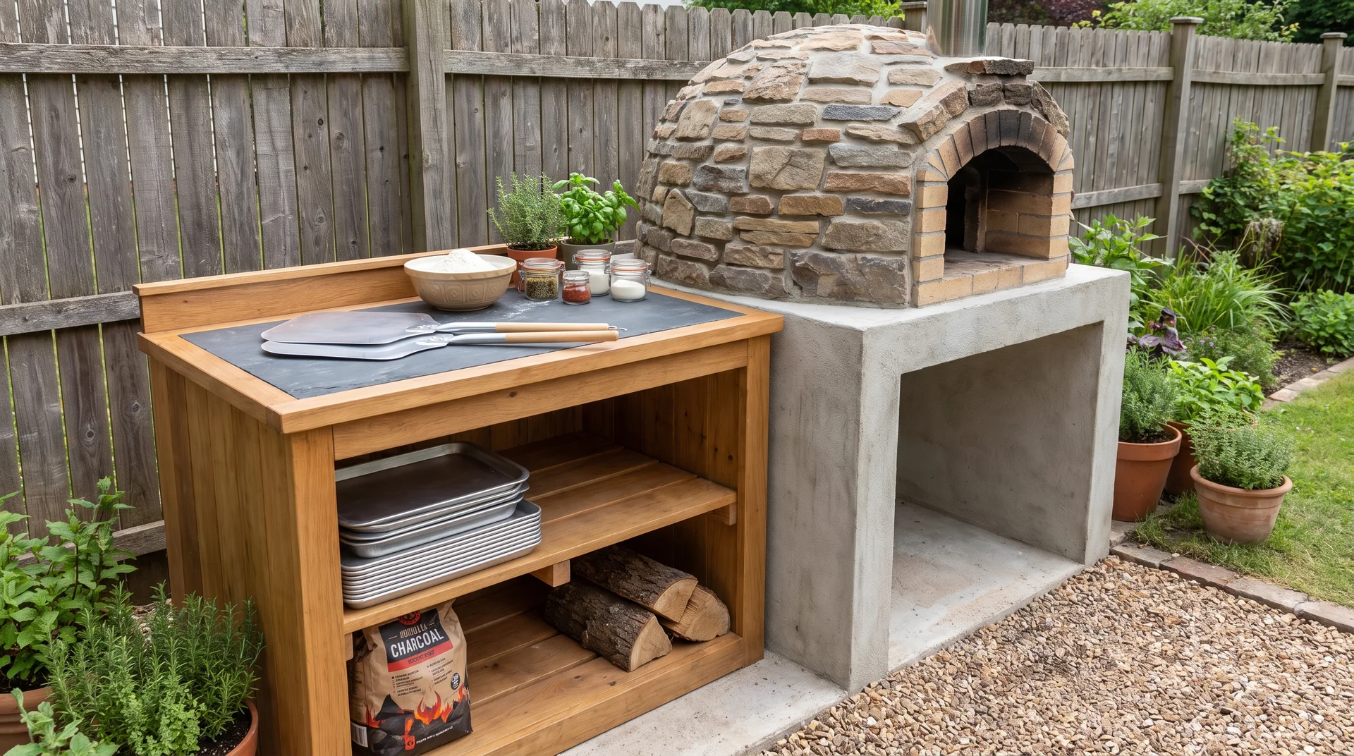 Built-in outdoor pizza oven area with prep counter and storage shelf in a backyard