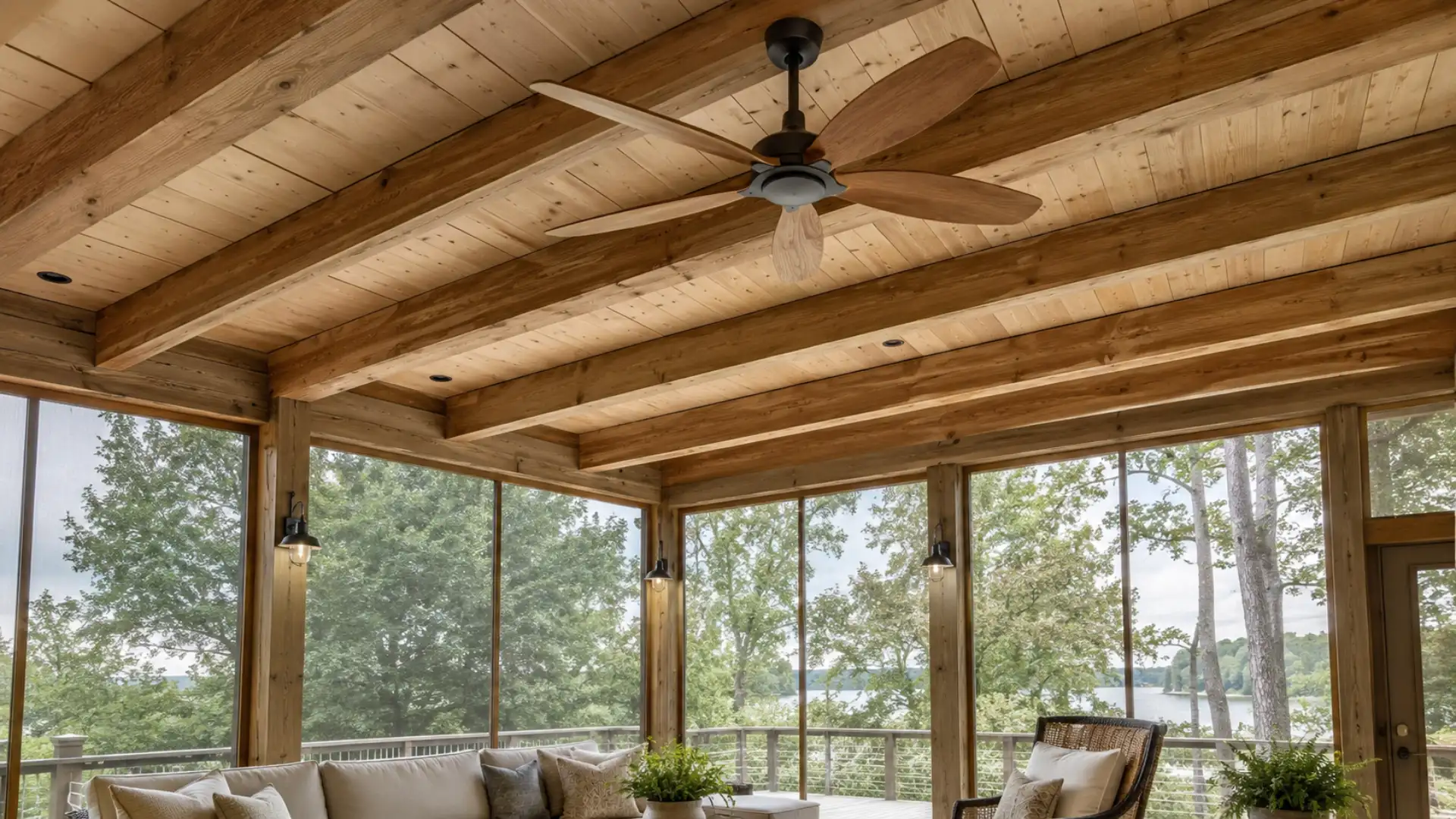 Damp-rated ceiling fan for airflow on a screened patio