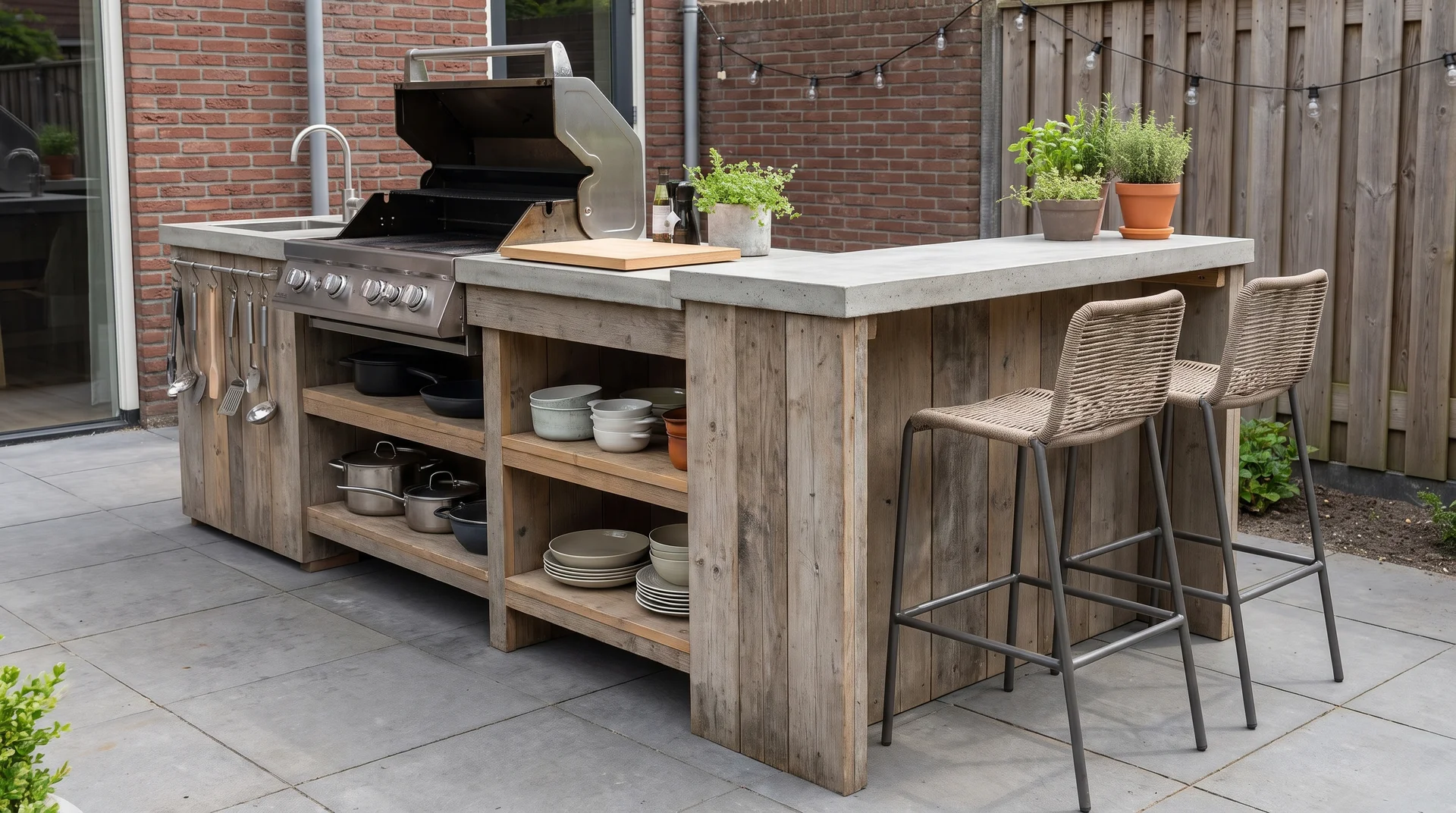 Narrow outdoor kitchen bar with prep counter, stools, shelves, and hooks on a patio