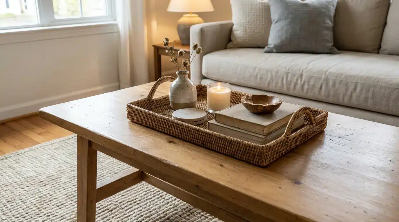 wooden tray groups books, a candle, vase, and bowl on a coffee table, creating a neat and intentional display