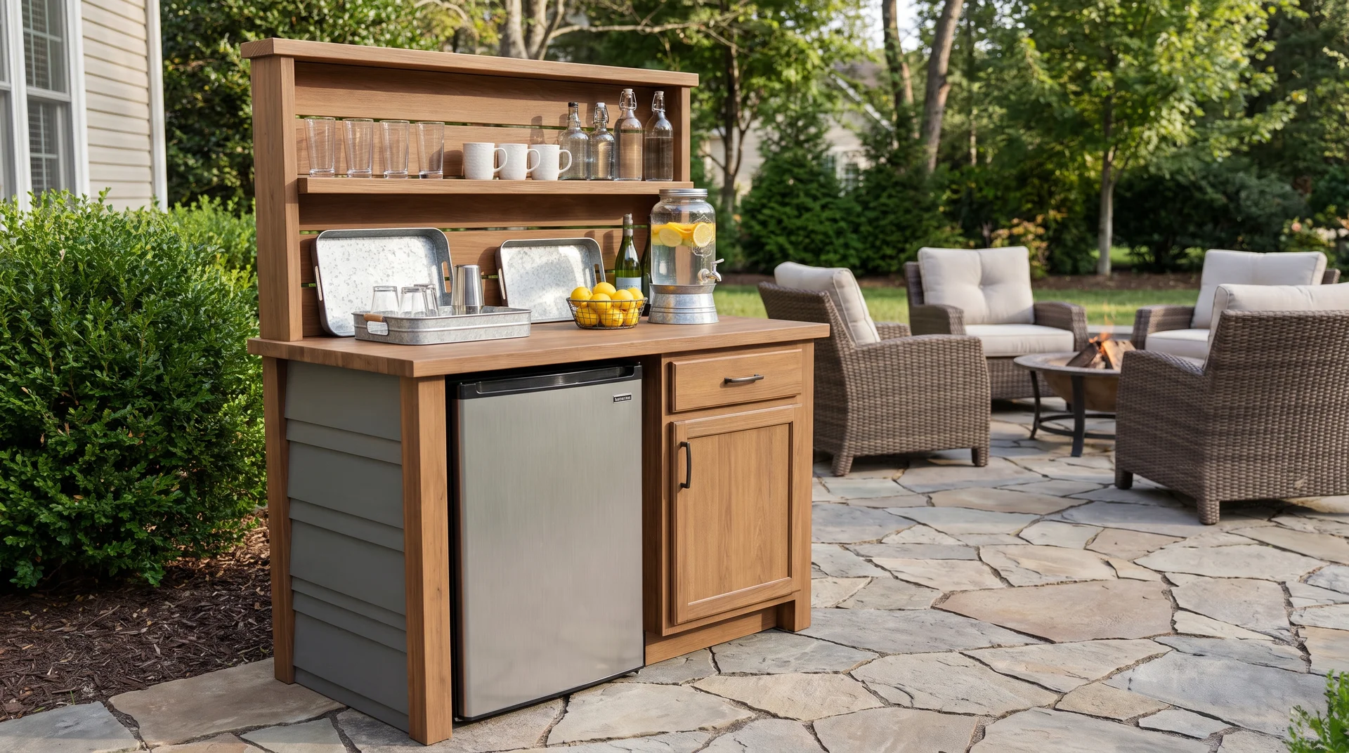 Outdoor beverage station with counter, cooler, shelves, and drink storage near seating area