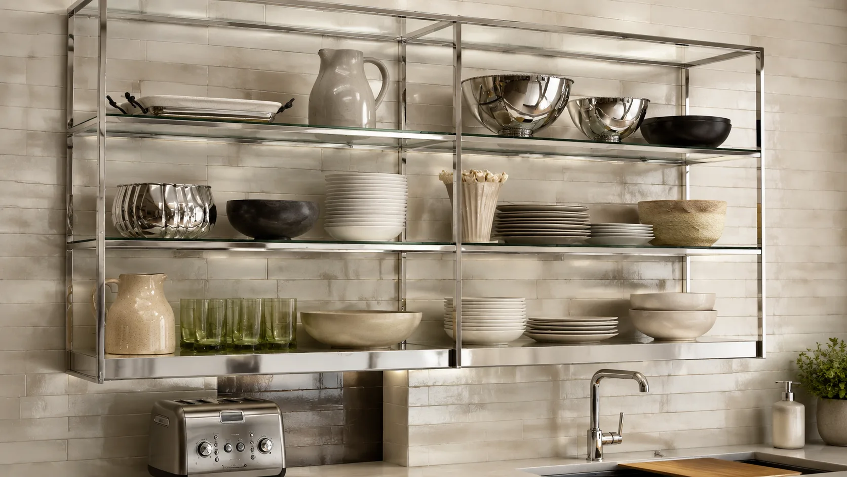 Modern kitchen with open metal display shelves holding glassware and dishes, with a warm backsplash, chrome accents, and minimalist decor.