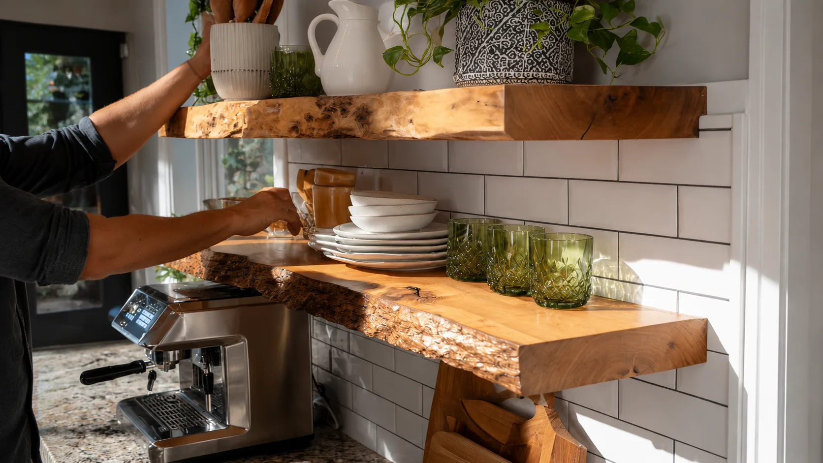 Rustic wood kitchen shelves with plants, ceramic dishes, green glassware, and a coffee machine against white subway tile backsplash.