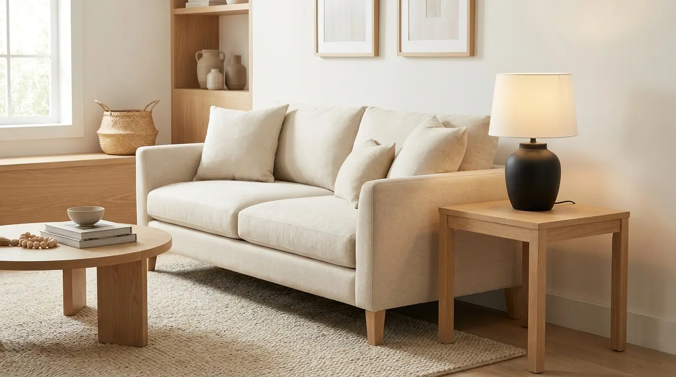 matte black lamp adds contrast and grounds the warm, neutral colors in a softly styled living room