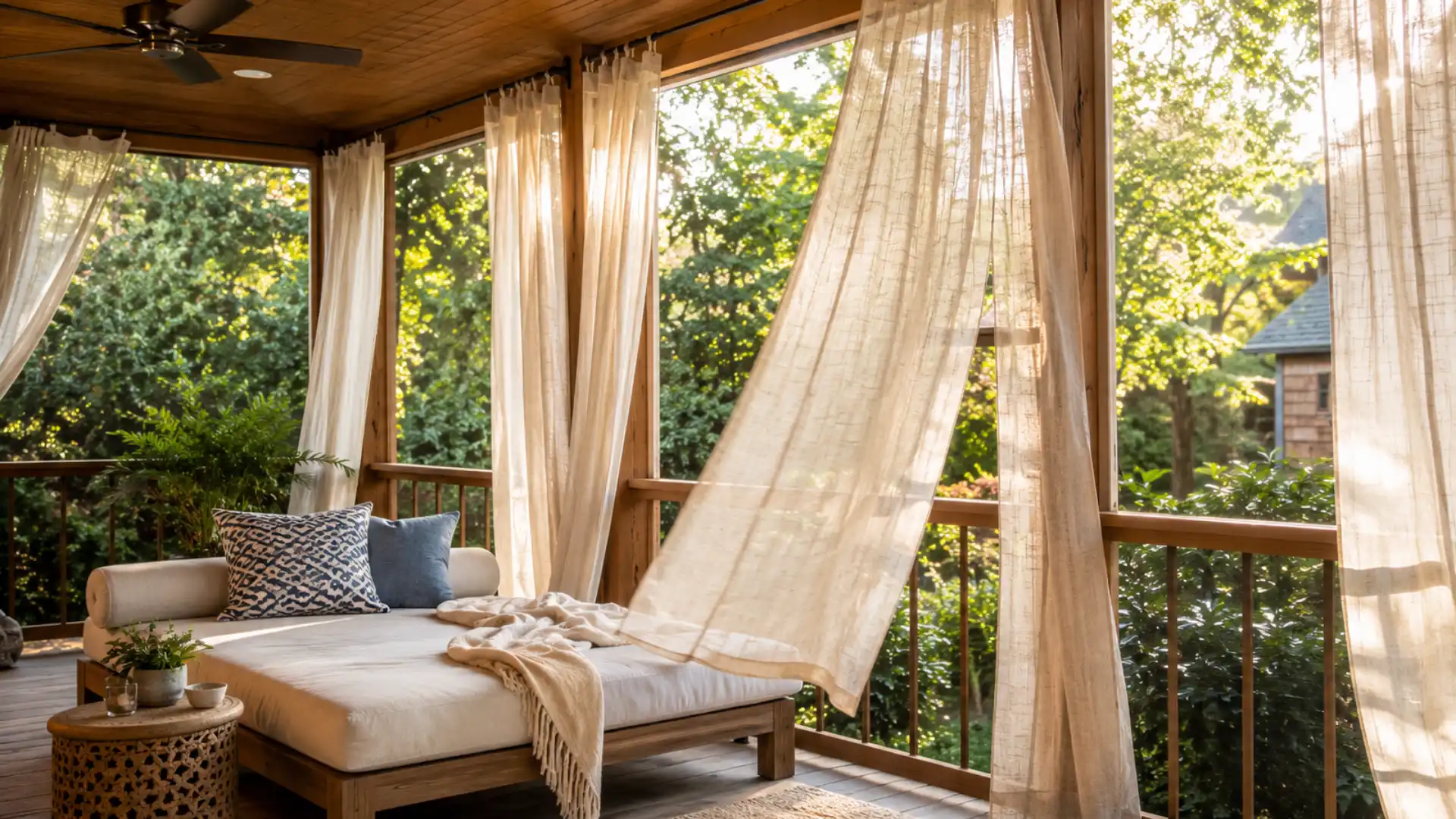 Outdoor curtains adding privacy and shade to a screened porch