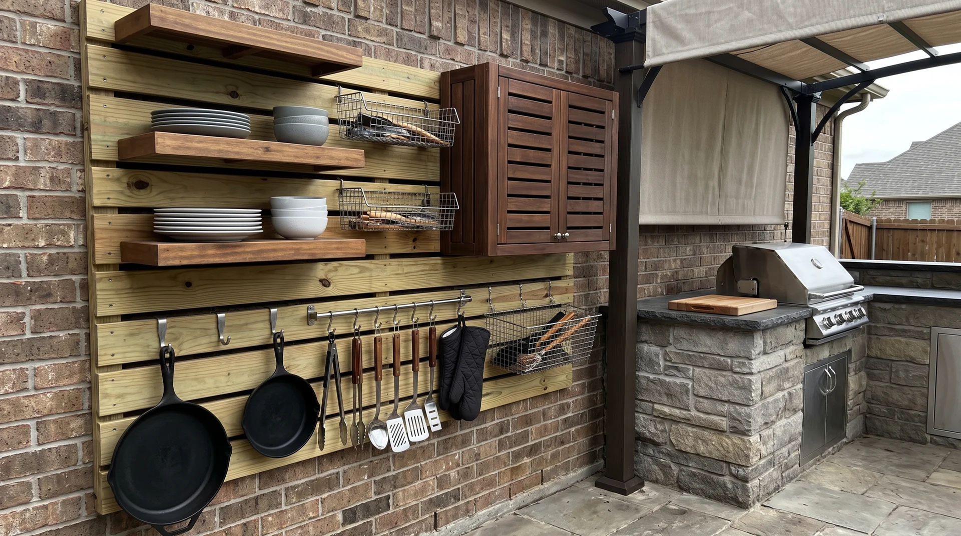 Outdoor kitchen storage wall with shelves, hooks, cabinets, and grilling tools beside a prep area