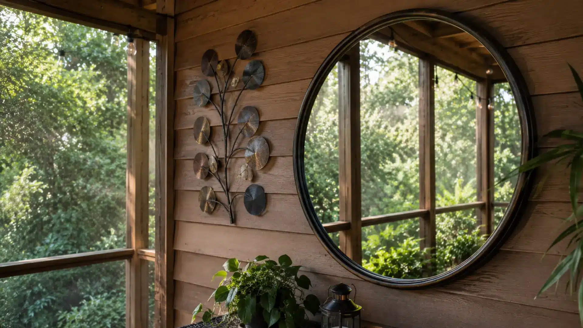 Outdoor mirror and wall art finishing a screened patio wall