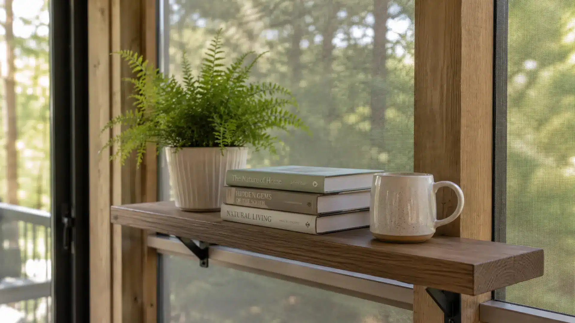 Floating shelf idea for storage on a screened porch wall