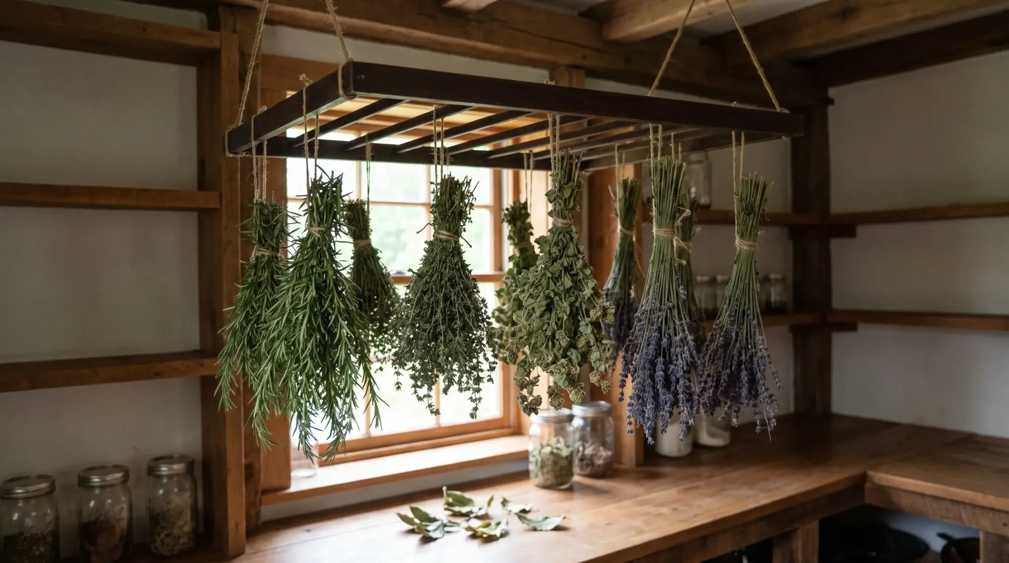 Bundles of dried herbs hanging from a wooden rack in a rustic kitchen.