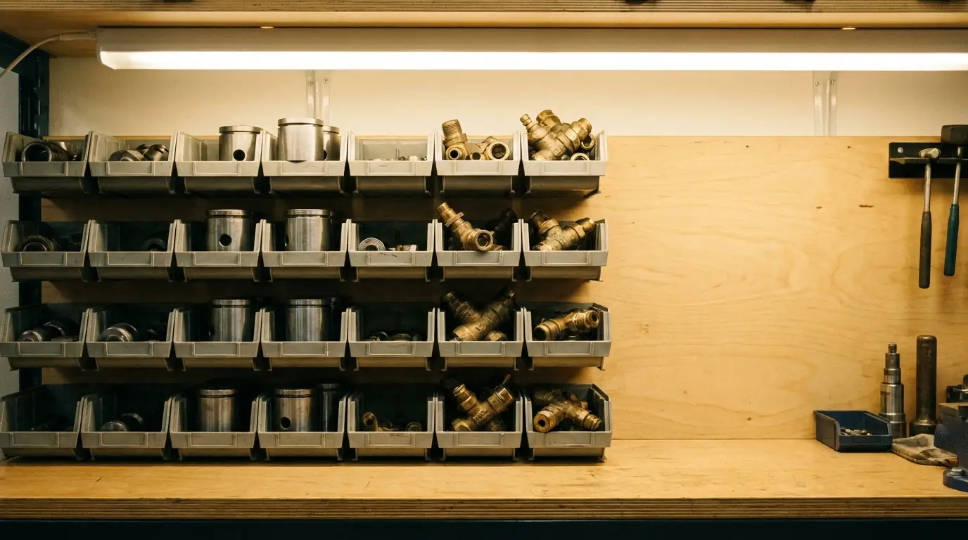 Metal parts organized in bins on workshop shelf with wooden workbench below