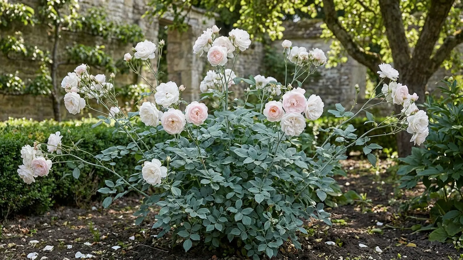 pale pink damask roses blooming on loose, arching shrubs beside a stone garden path
