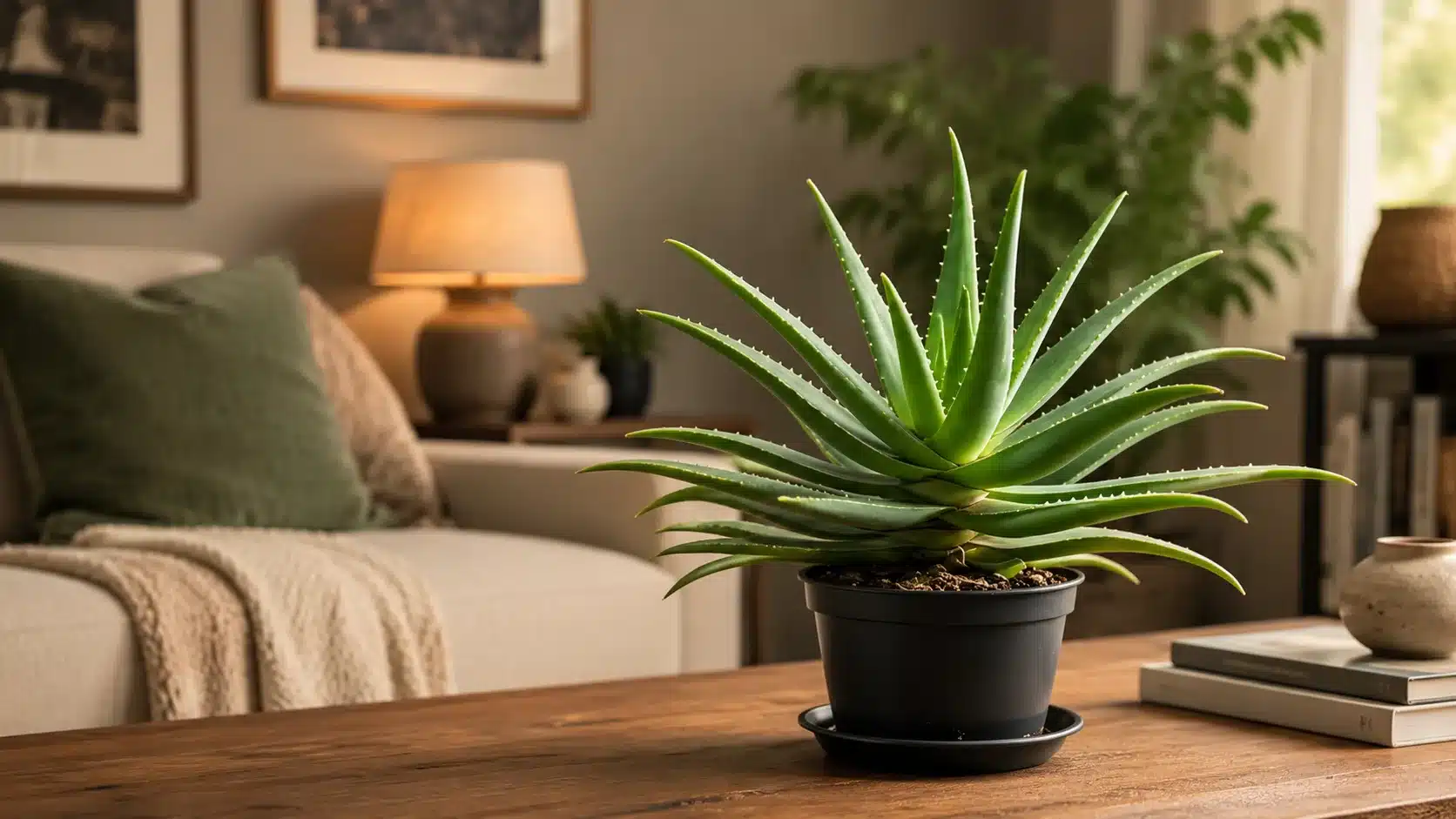 Aloe vera succulent with thick pointed leaves in a black pot