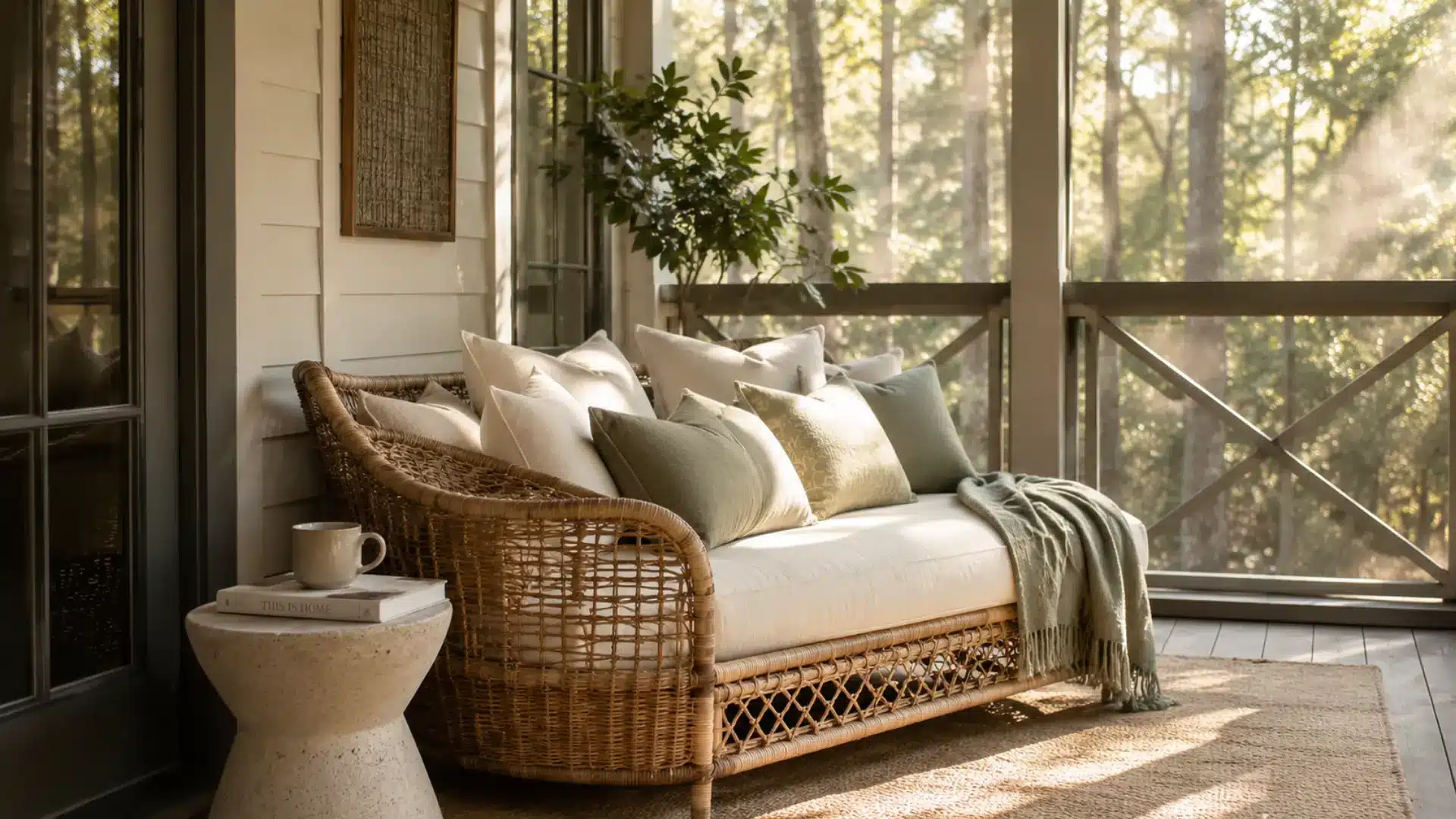 Screened patio daybed anchoring the porch layout as a focal point