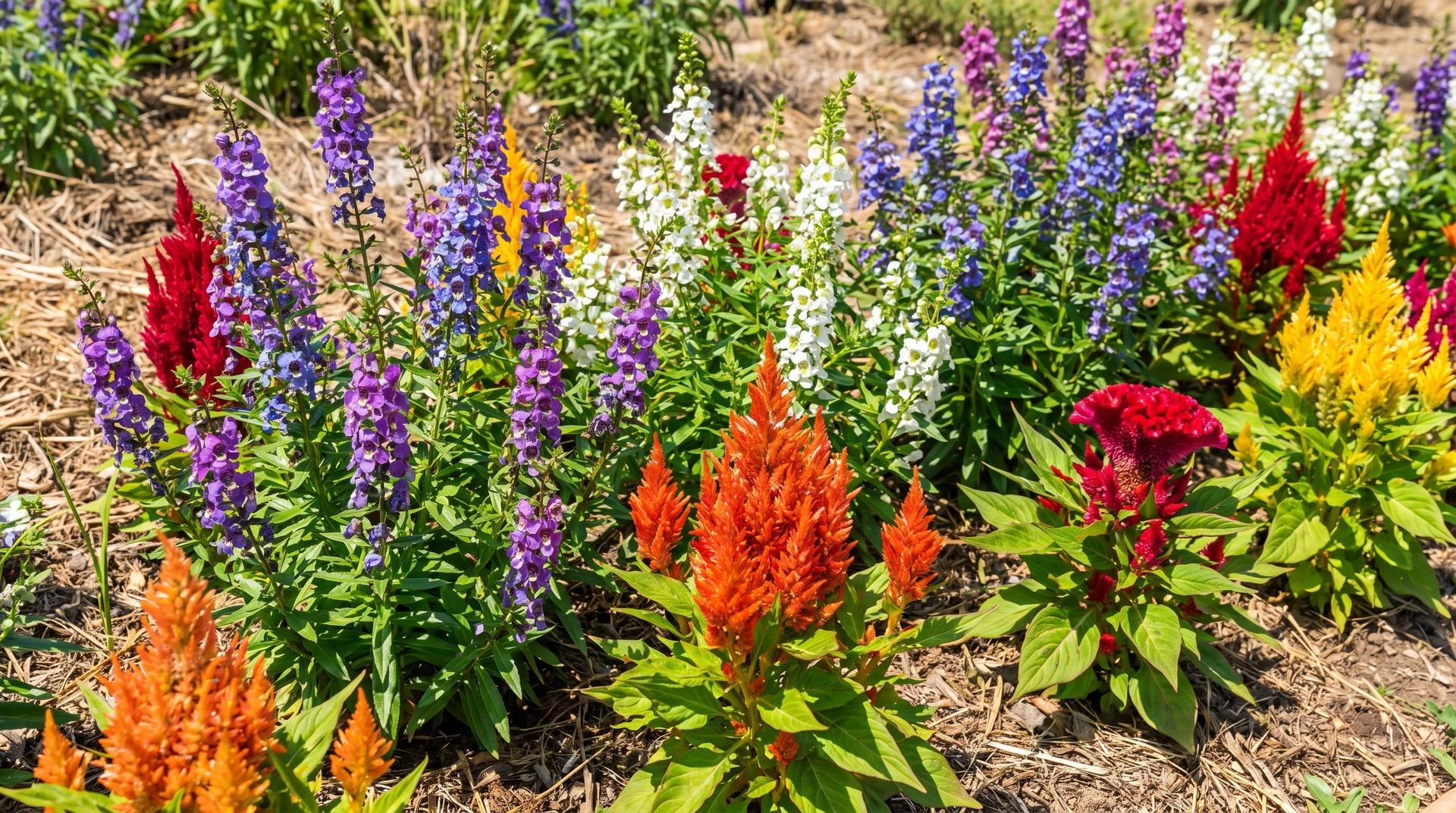 Angelonia and celosia flowers growing together in a sunny garden bed