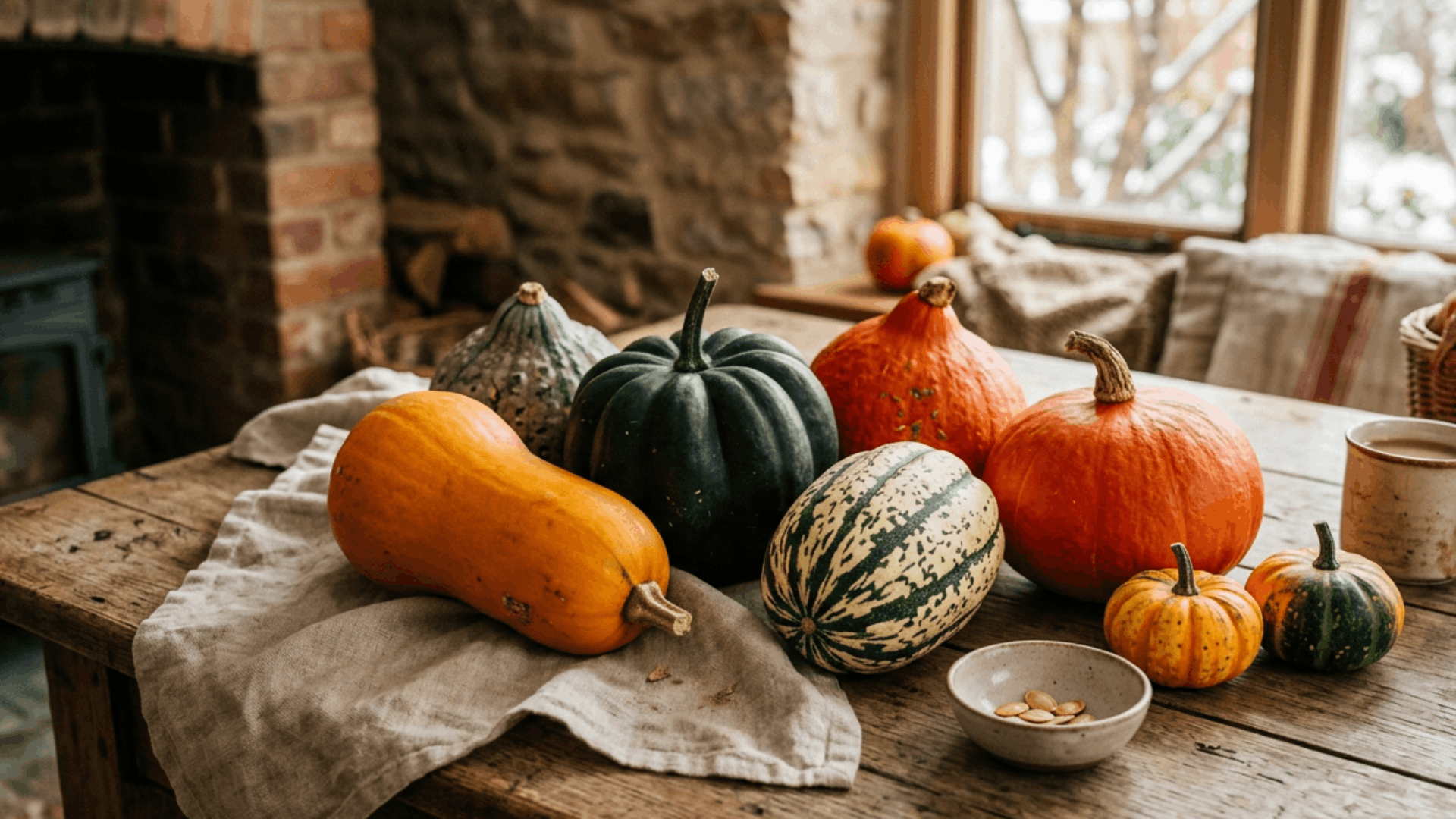 assorted pumpkins and gourds arranged on a rustic wooden table beside a mug and bowl in a cozy farmhouse kitchen