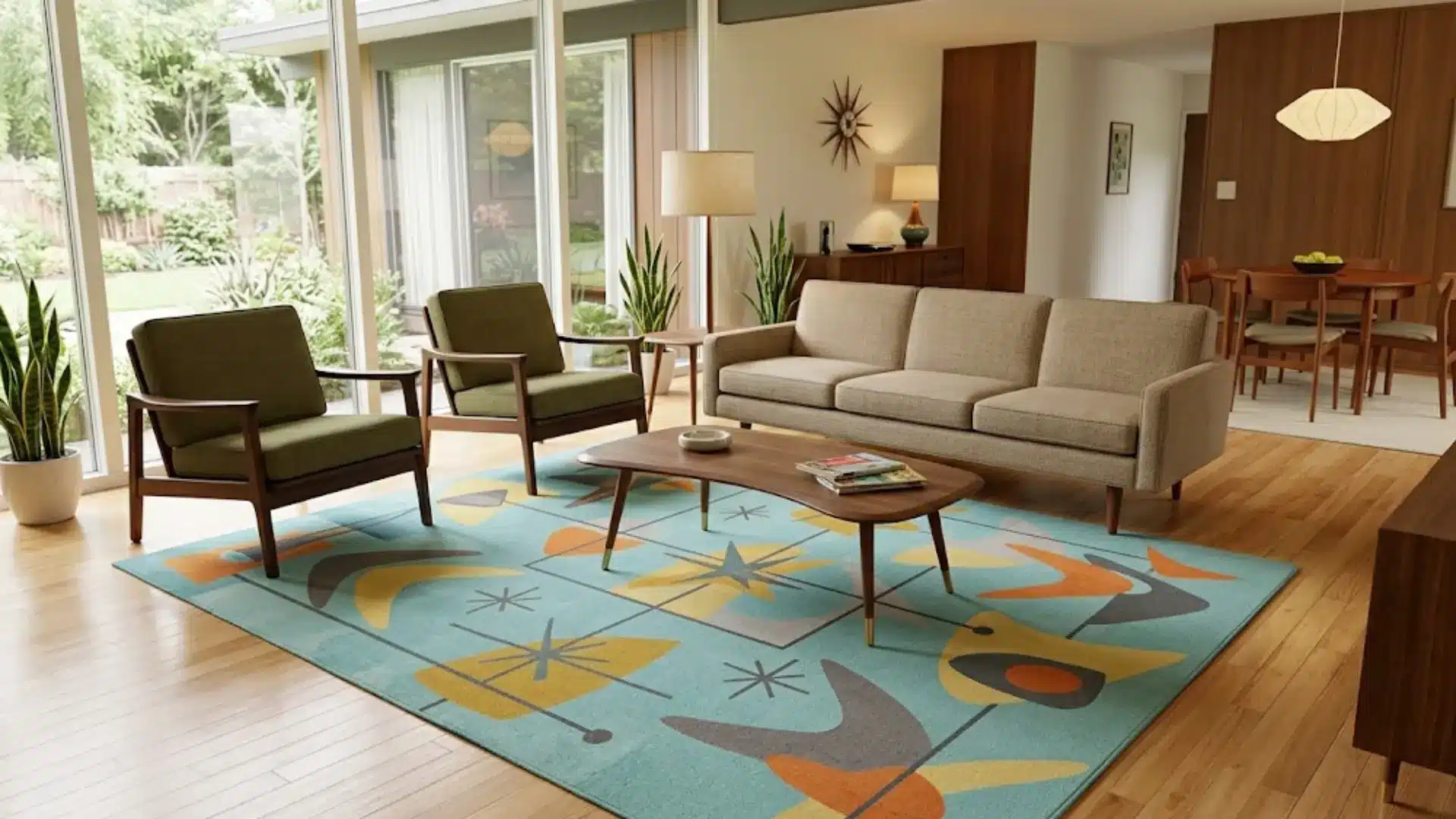 Atomic-print rug zoning a 1950s mid-century modern living room