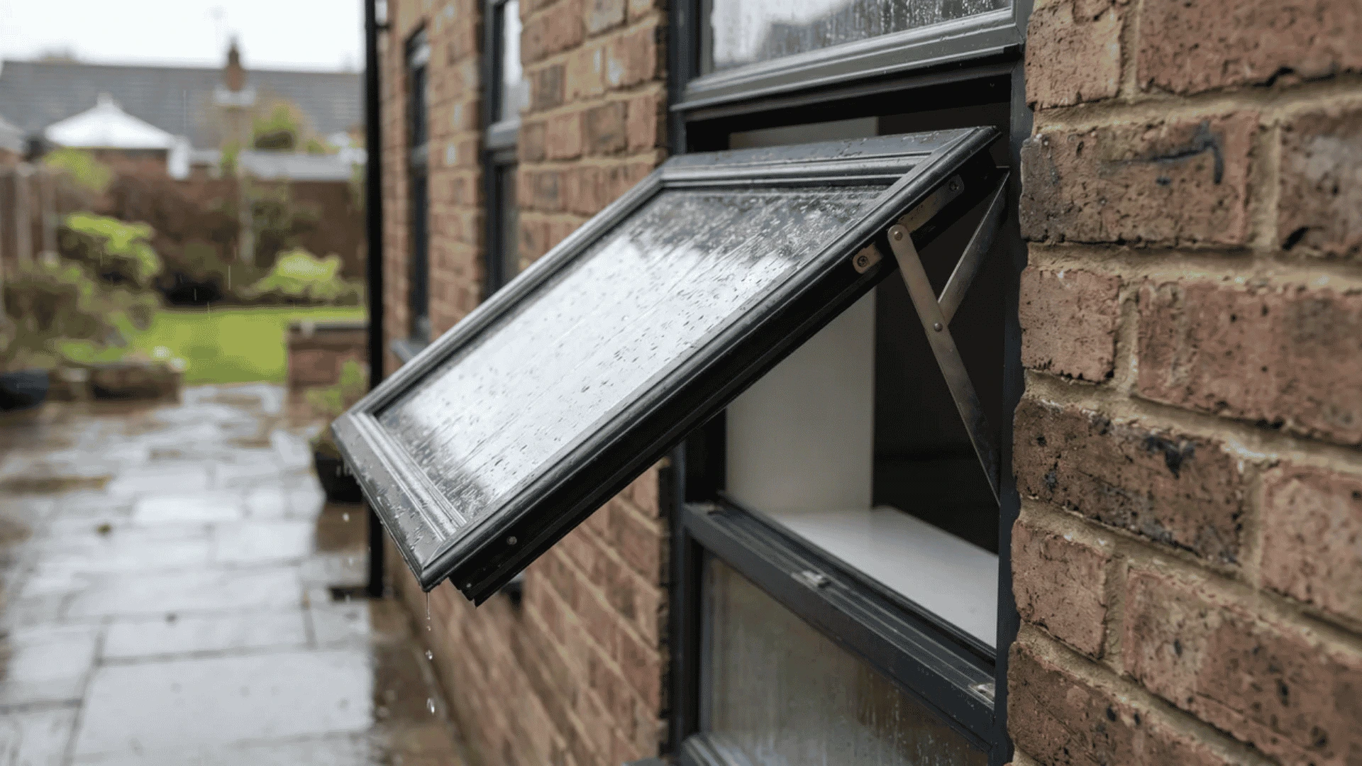 Awning window with bottom sash opened outward from the top hinge
