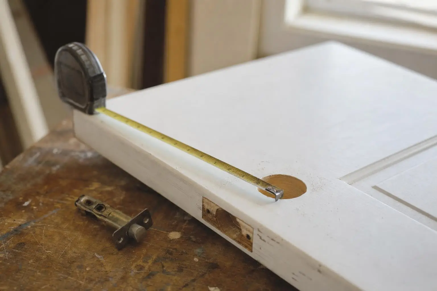 White door being measured with a tape measure on a wooden workbench
