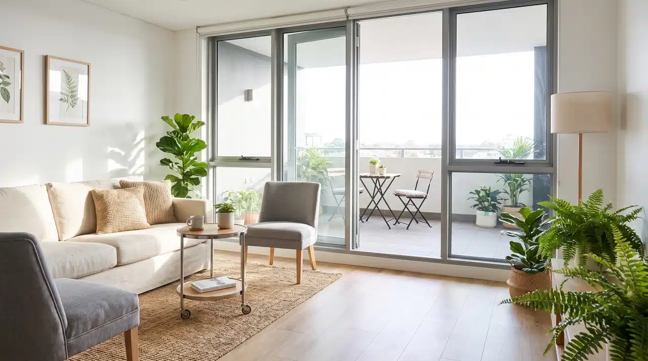 Living room with clear balcony access route, side seating arrangement, natural light, and open floor space.