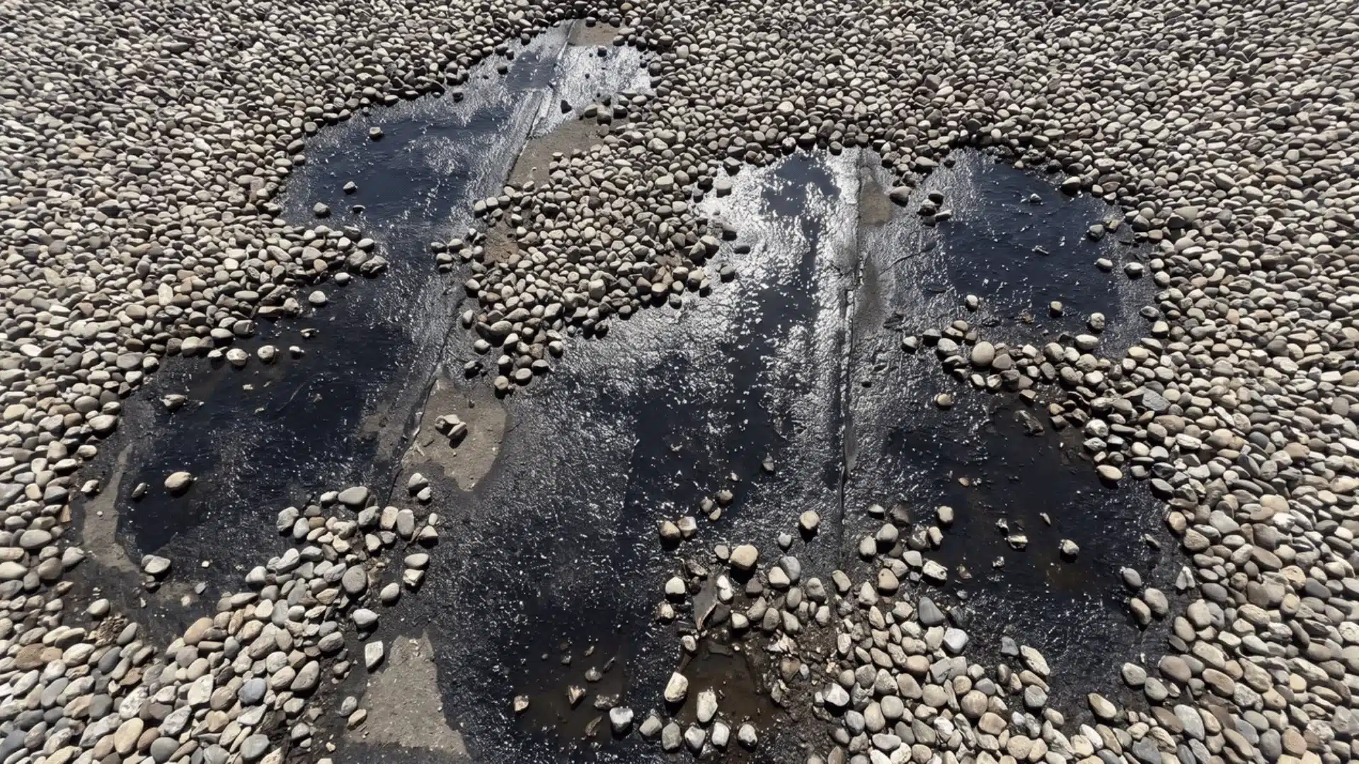 Flat roof showing dark exposed asphalt patches where gravel coverage has worn away