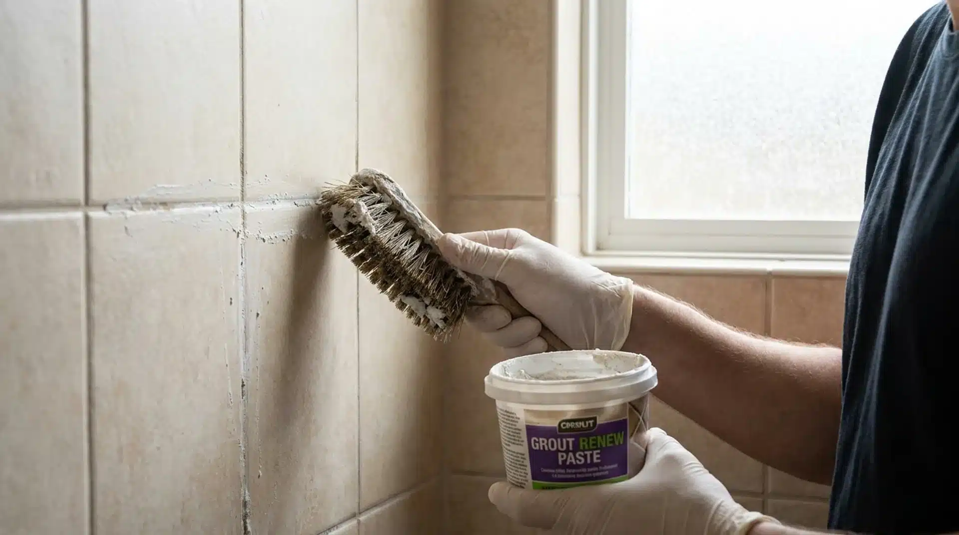 Person scrubbing bathroom tile grout with a small brush and cleaning paste