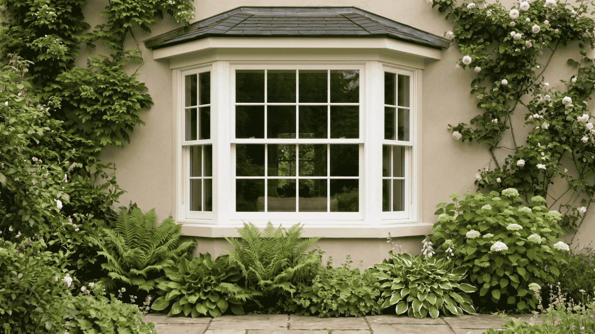 Bay window projecting outward with three angled glass panels on a home exterior