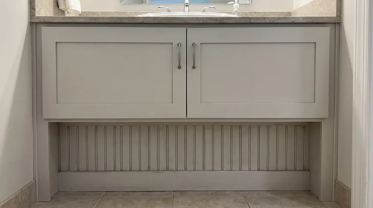 Shaker vanity cabinet with a beadboard panel insert in the toe kick area