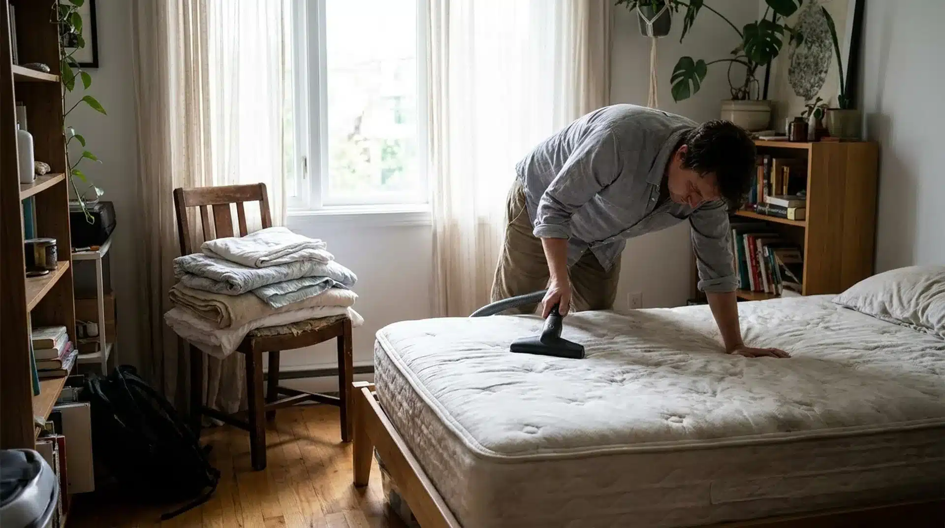 Person vacuuming a bare mattress in a bright, tidy bedroom