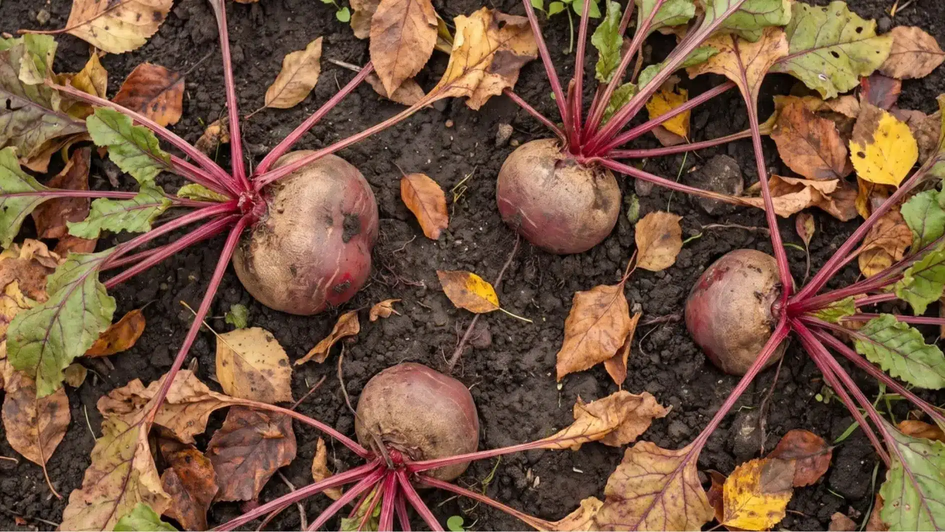 Beet roots and leaves growing in fall soil