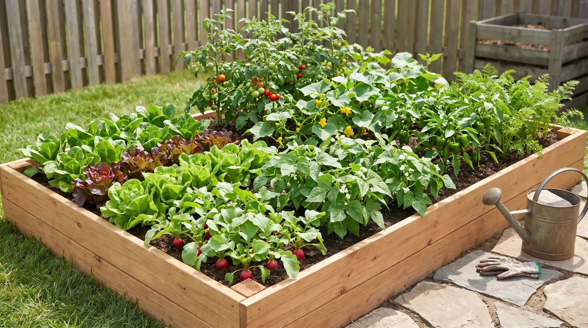 Beginner vegetable garden with lettuce, radishes, beans, tomatoes, cucumbers, peppers, and carrots