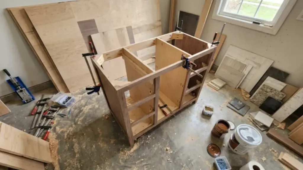 Partially built bathroom vanity on workshop floor with tools, plywood, clamps, screws, and paint cans around it.