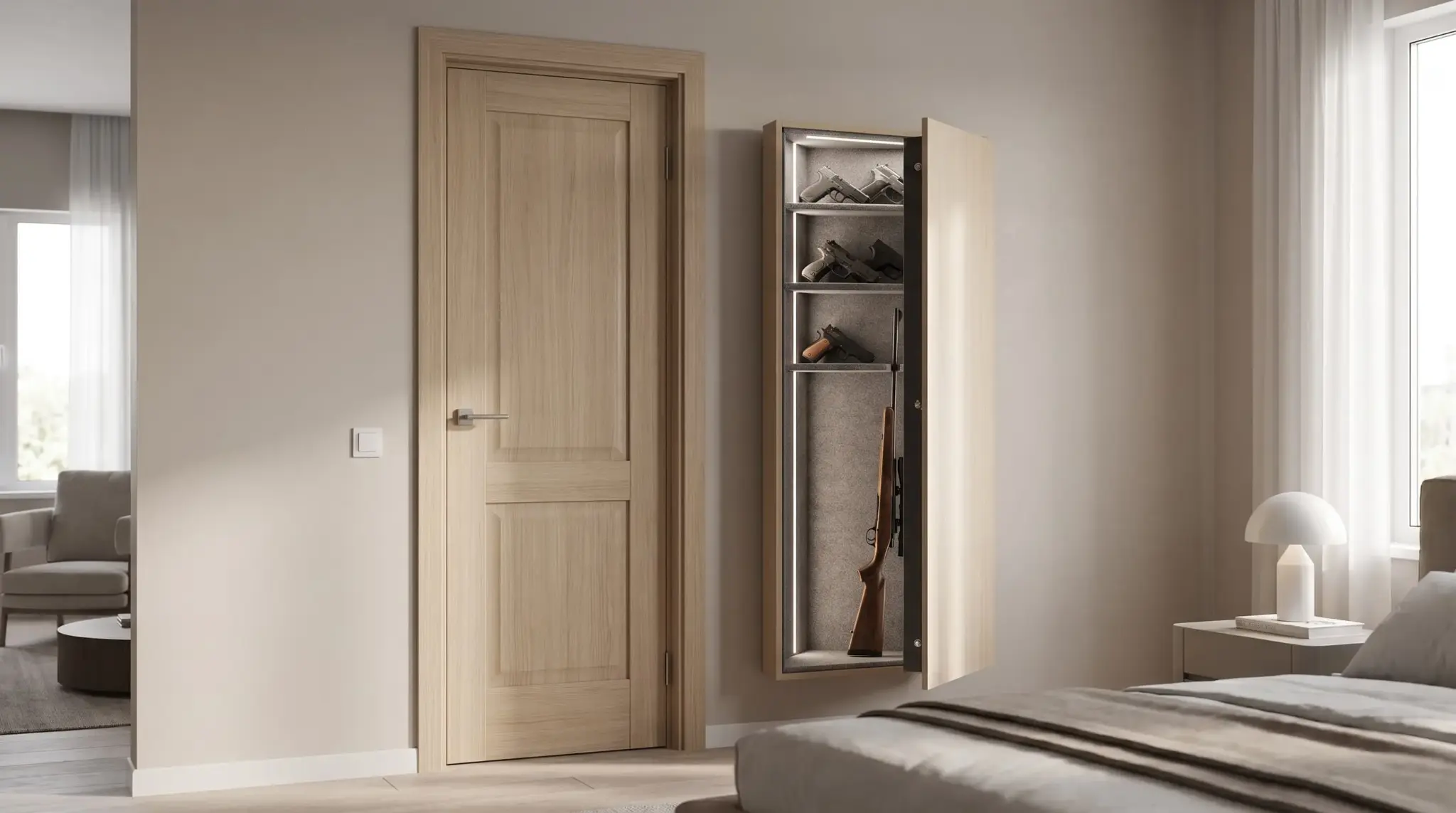 Hidden gun cabinet mounted behind a bedroom door with secure storage and a clean, space-saving design.