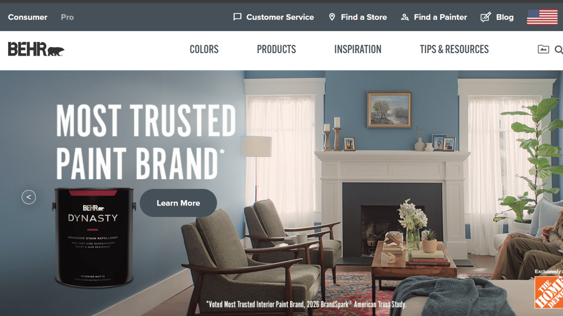 behr homepage featuring dynasty paint with most trusted paint brand message beside a blue living room with a family relaxing