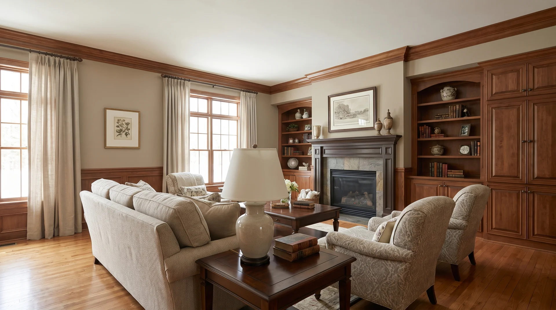 Traditional living room with beige walls, wood trim, and classic furnishings
