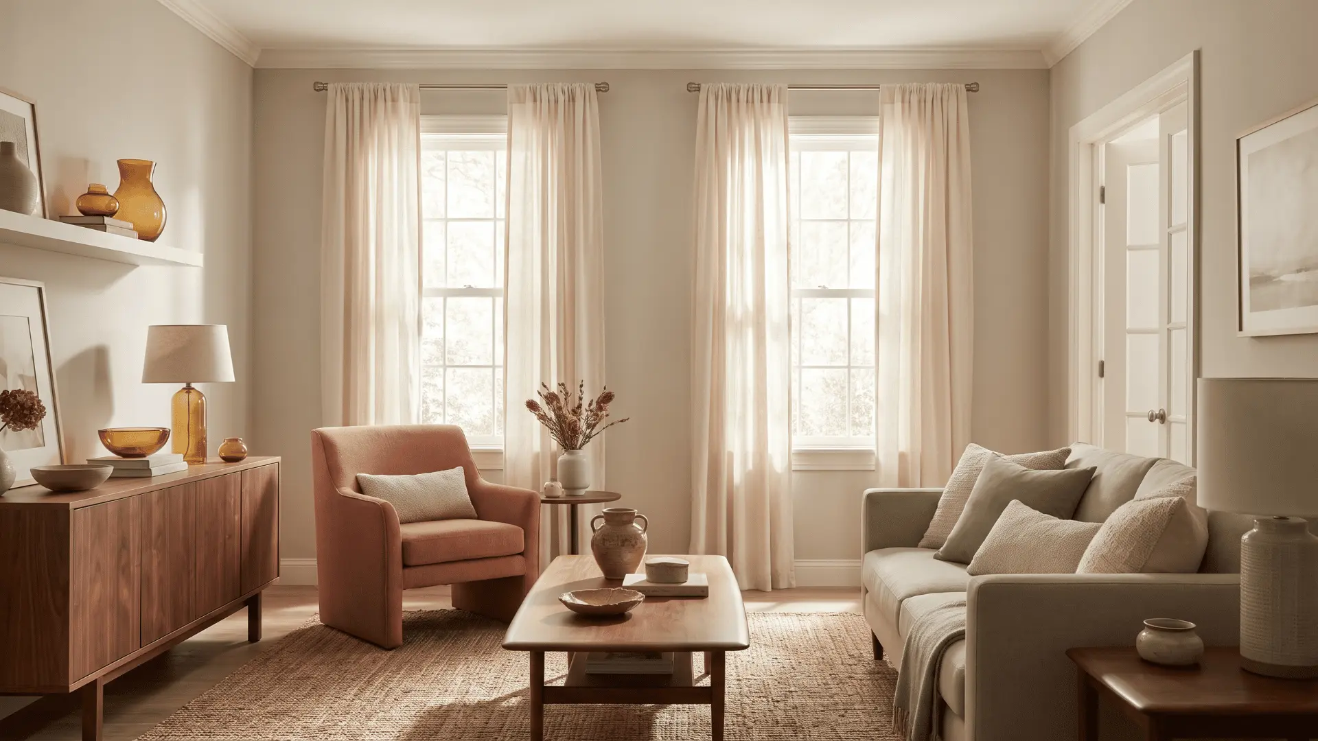Light greige walls warmed by walnut furniture, coral seating, and soft green accents.