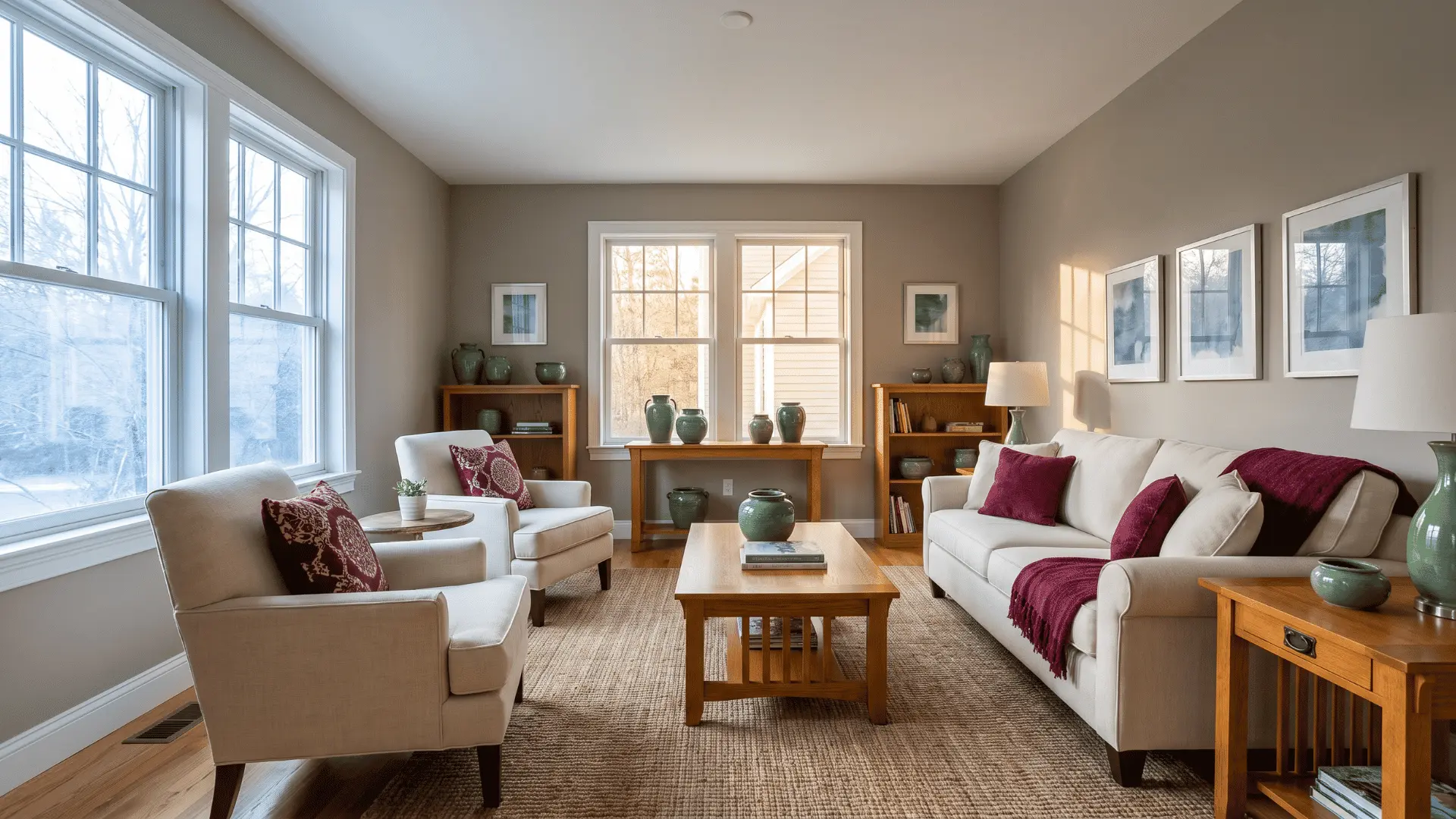 Balanced gray-beige walls shown under mixed daylight with burgundy, green, and blue decor.