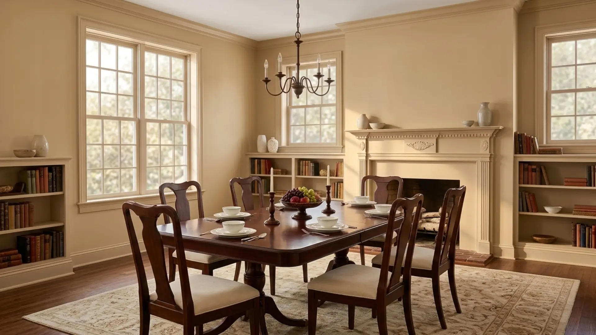Deep honey-beige walls in a bright, high-ceiling room with navy, olive, and rust decor.