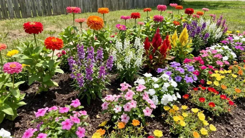Full sun annual flowers including zinnias and vinca growing in a sunny garden bed
