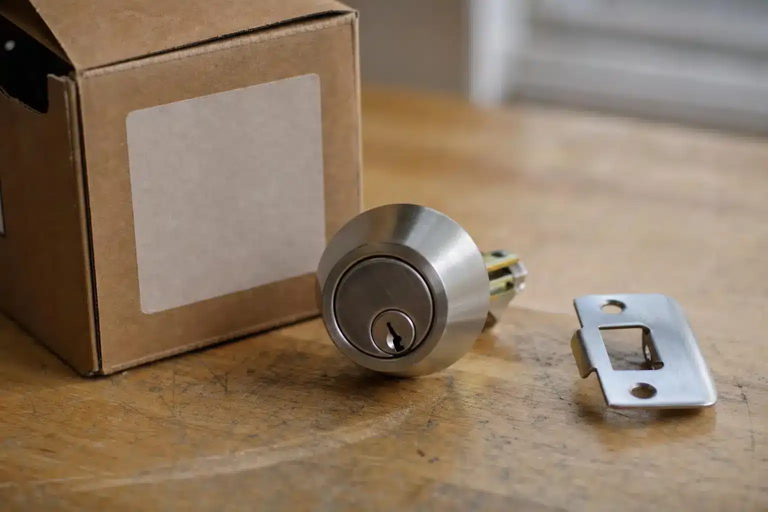 Silver deadbolt lock and strike plate on wooden surface next to cardboard box