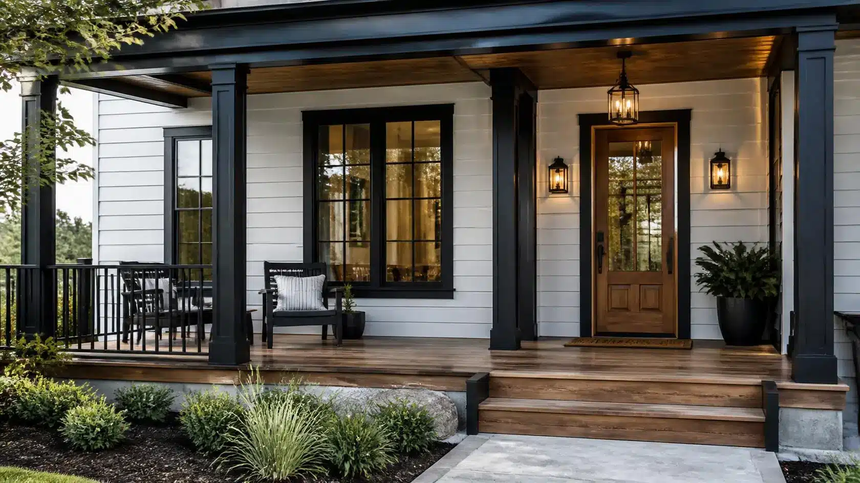 modern porch with black trim, warm wood tones, and light siding creating a bold yet inviting exterior design